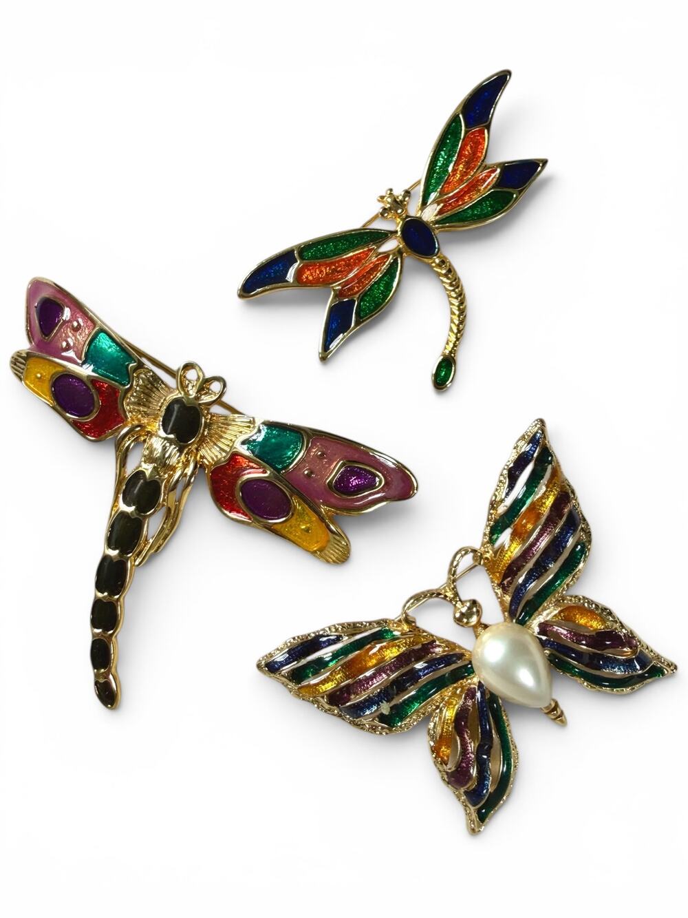 Vintage Enamel Butterfly Dragonfly Brooch Lot of 3 Gold Tone Colorful Insect Pin